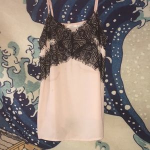 Super cute “POETRY” blush pink tank with lace
